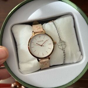 Oui&Me Fleurette Leather Floral Strap Two-Tone White Pink Bracelet For Women